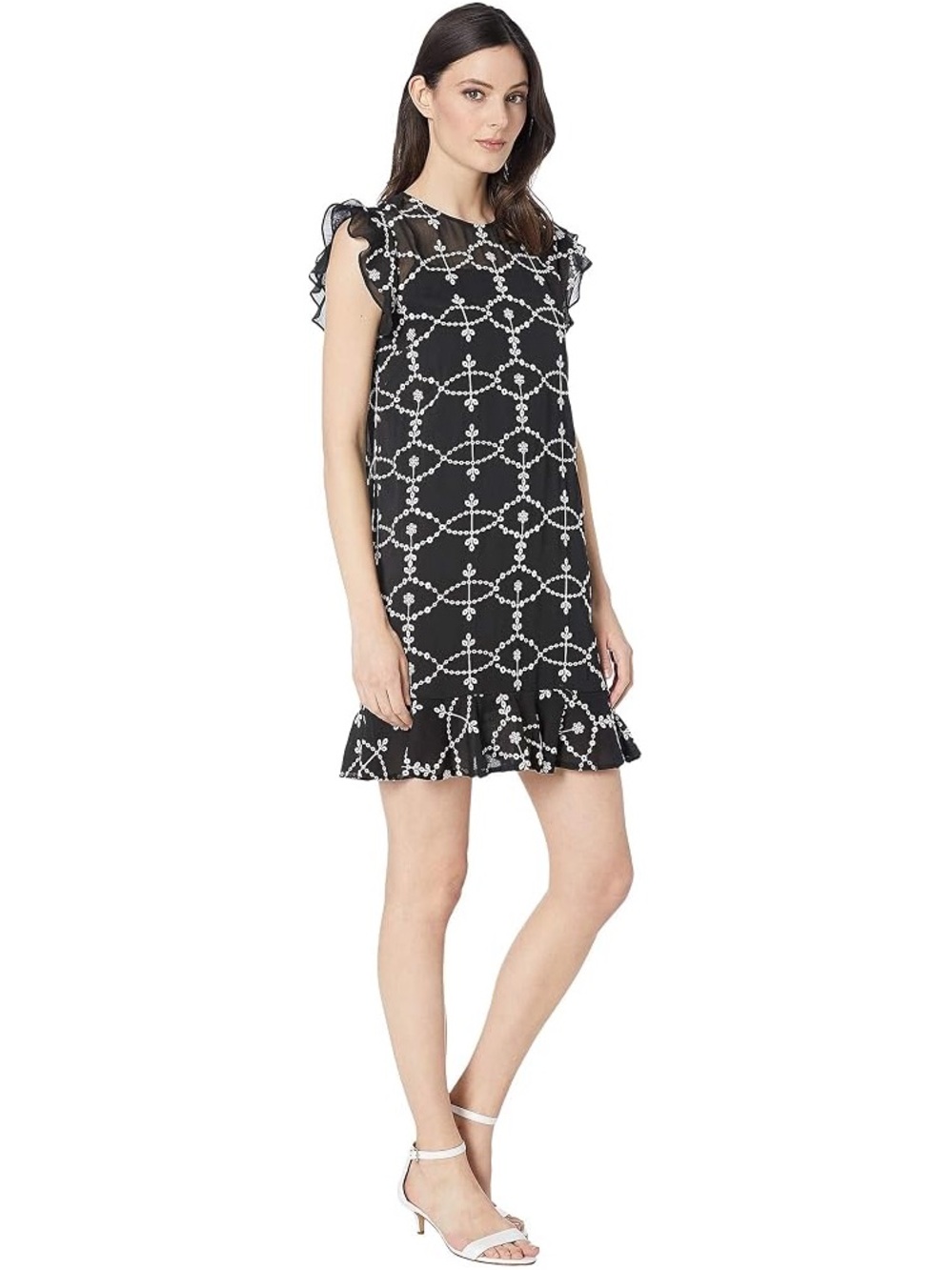 Cece Black And White Embroidered Ruffle Mini Dress